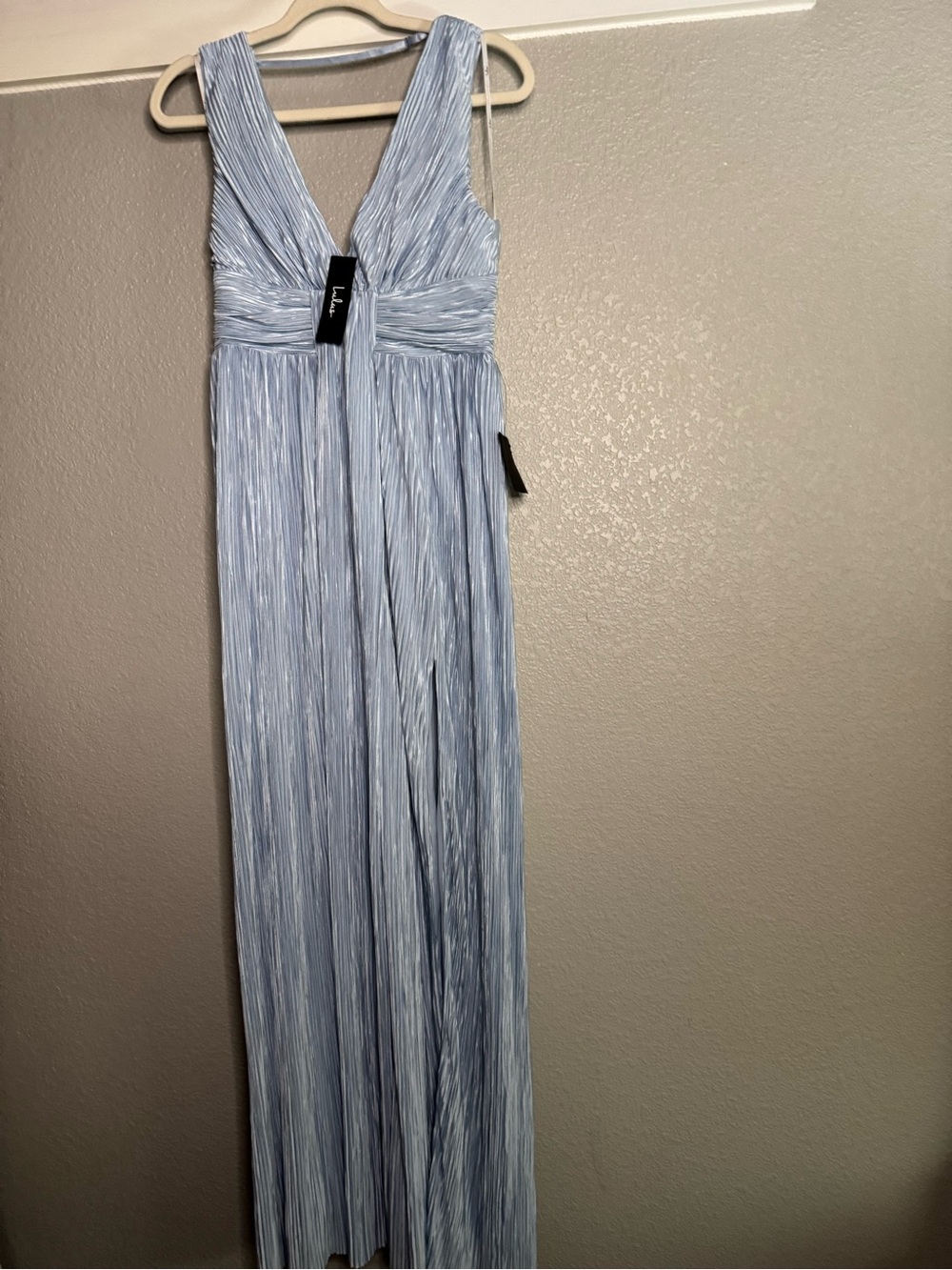 Lulu's Light Blue Plissé V-Neck Maxi Dress with High Slit - Picture 2 of 3